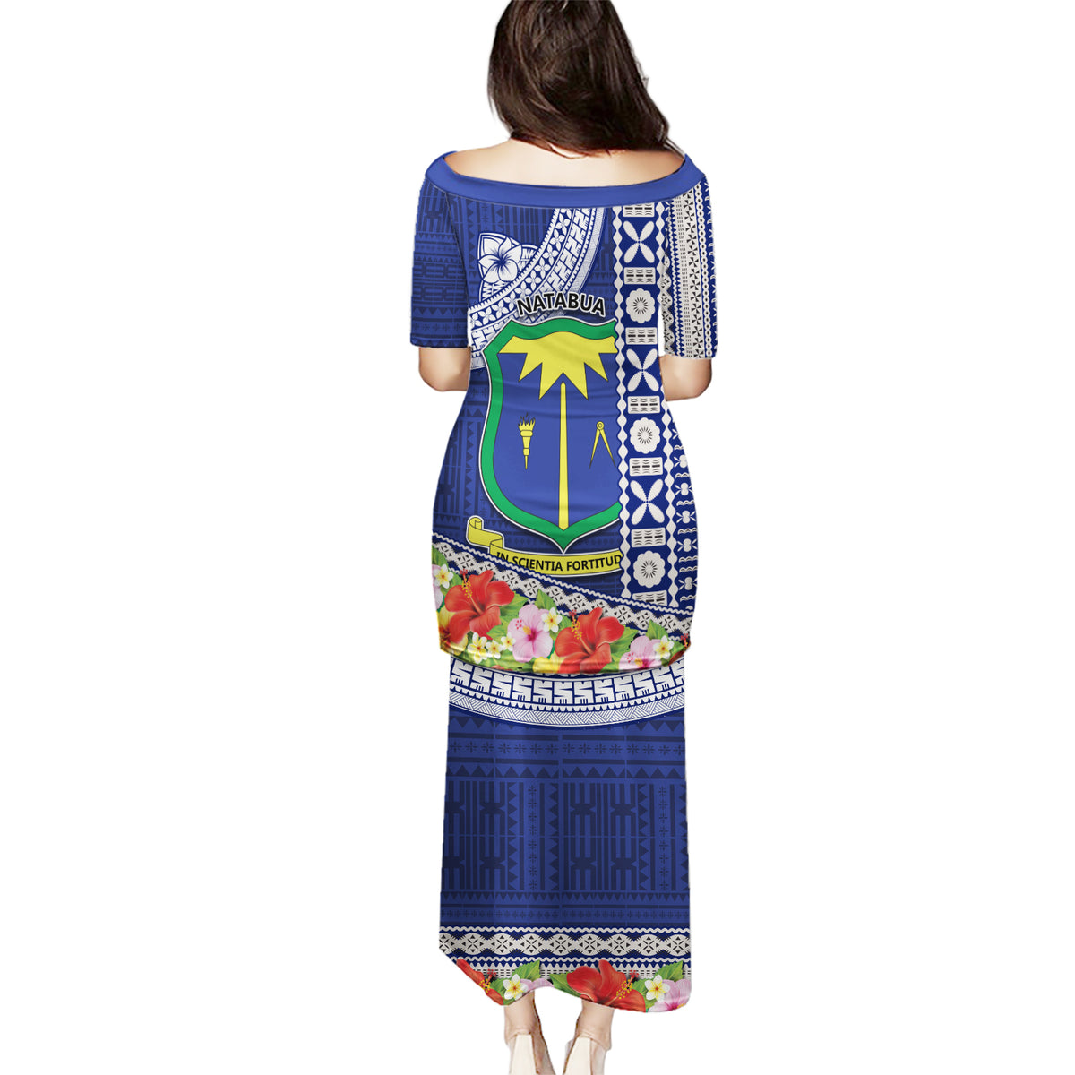 Fiji Natabua High School Puletasi Tropical Flower and Tapa Pattern Blue Style LT03 - Polynesian Pride