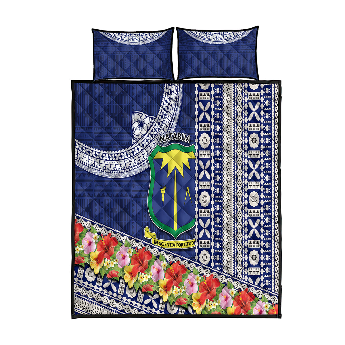 Fiji Natabua High School Quilt Bed Set Tropical Flower and Tapa Pattern Blue Style LT03 Blue - Polynesian Pride