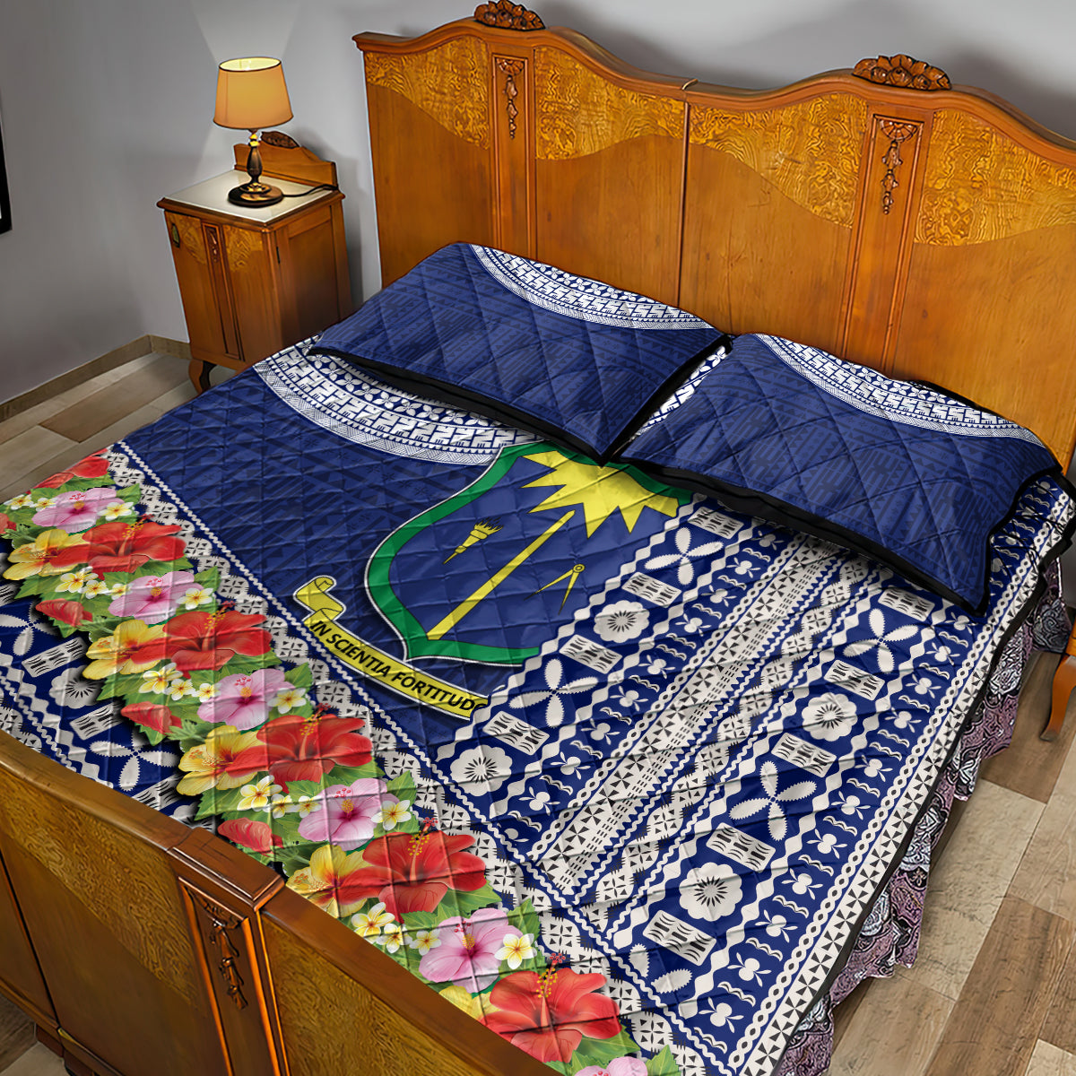Fiji Natabua High School Quilt Bed Set Tropical Flower and Tapa Pattern Blue Style LT03 - Polynesian Pride