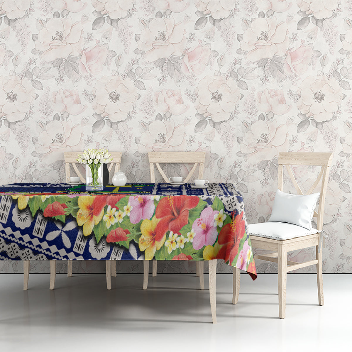 Fiji Natabua High School Tablecloth Tropical Flower and Tapa Pattern Blue Style LT03 - Polynesian Pride