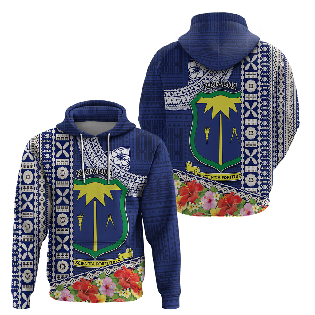 Fiji Natabua High School Zip Hoodie Tropical Flower and Tapa Pattern Blue Style LT03 - Polynesian Pride
