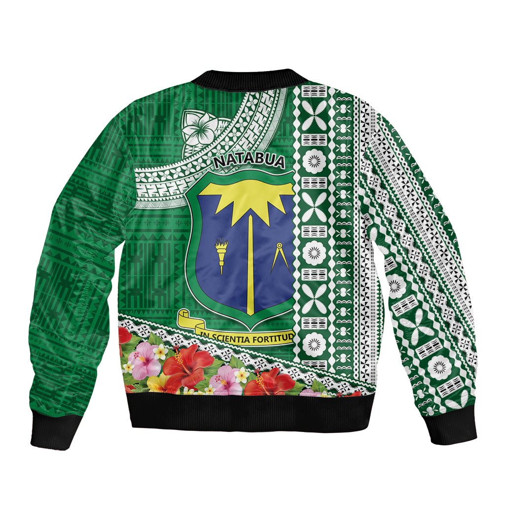 Fiji Natabua High School Bomber Jacket Tropical Flower and Tapa Pattern Green Style LT03 - Polynesian Pride