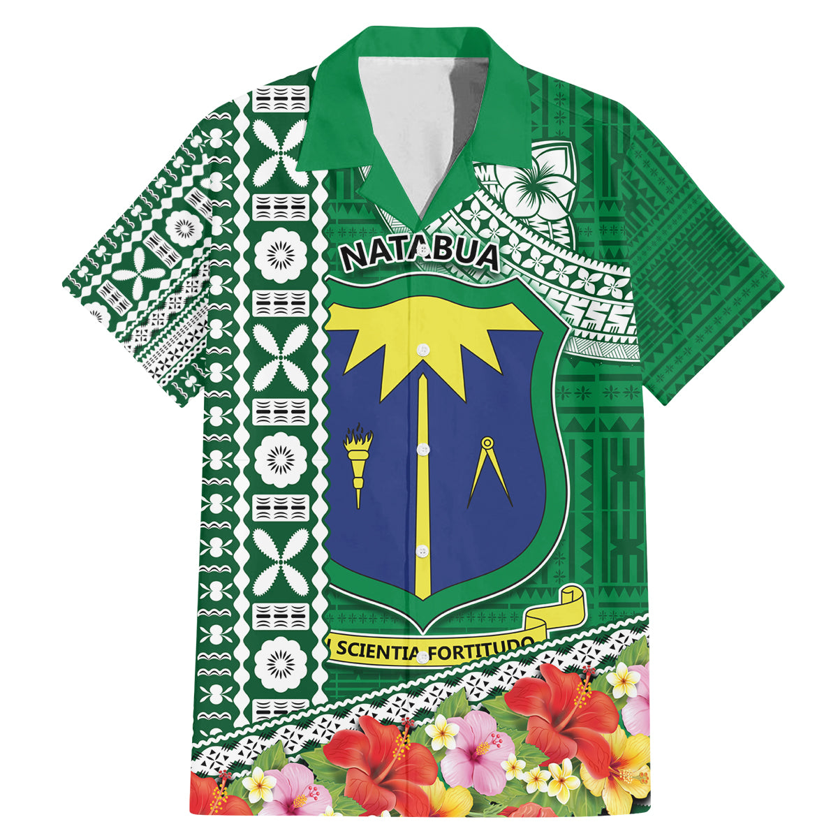 Fiji Natabua High School Family Matching Mermaid Dress and Hawaiian Shirt Tropical Flower and Tapa Pattern Green Style LT03 Dad's Shirt - Short Sleeve Green - Polynesian Pride