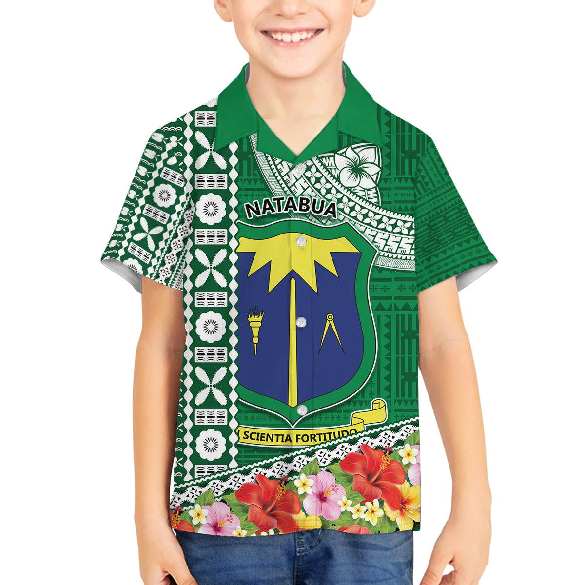 Fiji Natabua High School Family Matching Off Shoulder Maxi Dress and Hawaiian Shirt Tropical Flower and Tapa Pattern Green Style LT03 Son's Shirt Green - Polynesian Pride
