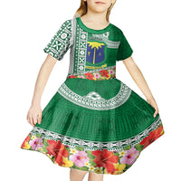 Fiji Natabua High School Kid Short Sleeve Dress Tropical Flower and Tapa Pattern Green Style LT03 - Polynesian Pride