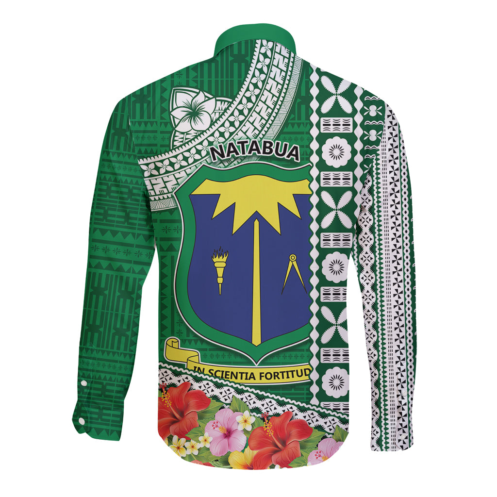 Fiji Natabua High School Long Sleeve Button Shirt Tropical Flower and Tapa Pattern Green Style LT03 - Polynesian Pride