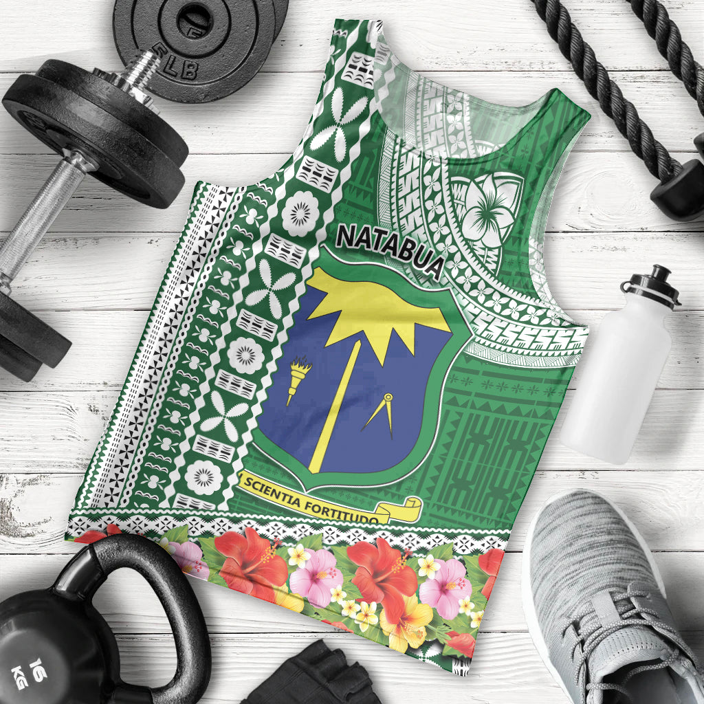 Fiji Natabua High School Men Tank Top Tropical Flower and Tapa Pattern Green Style LT03 - Polynesian Pride