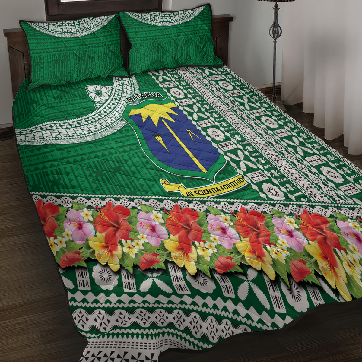 Fiji Natabua High School Quilt Bed Set Tropical Flower and Tapa Pattern Green Style LT03 - Polynesian Pride