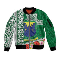 Fiji Natabua High School Sleeve Zip Bomber Jacket Tropical Flower and Tapa Pattern Green Style LT03 Unisex Green - Polynesian Pride