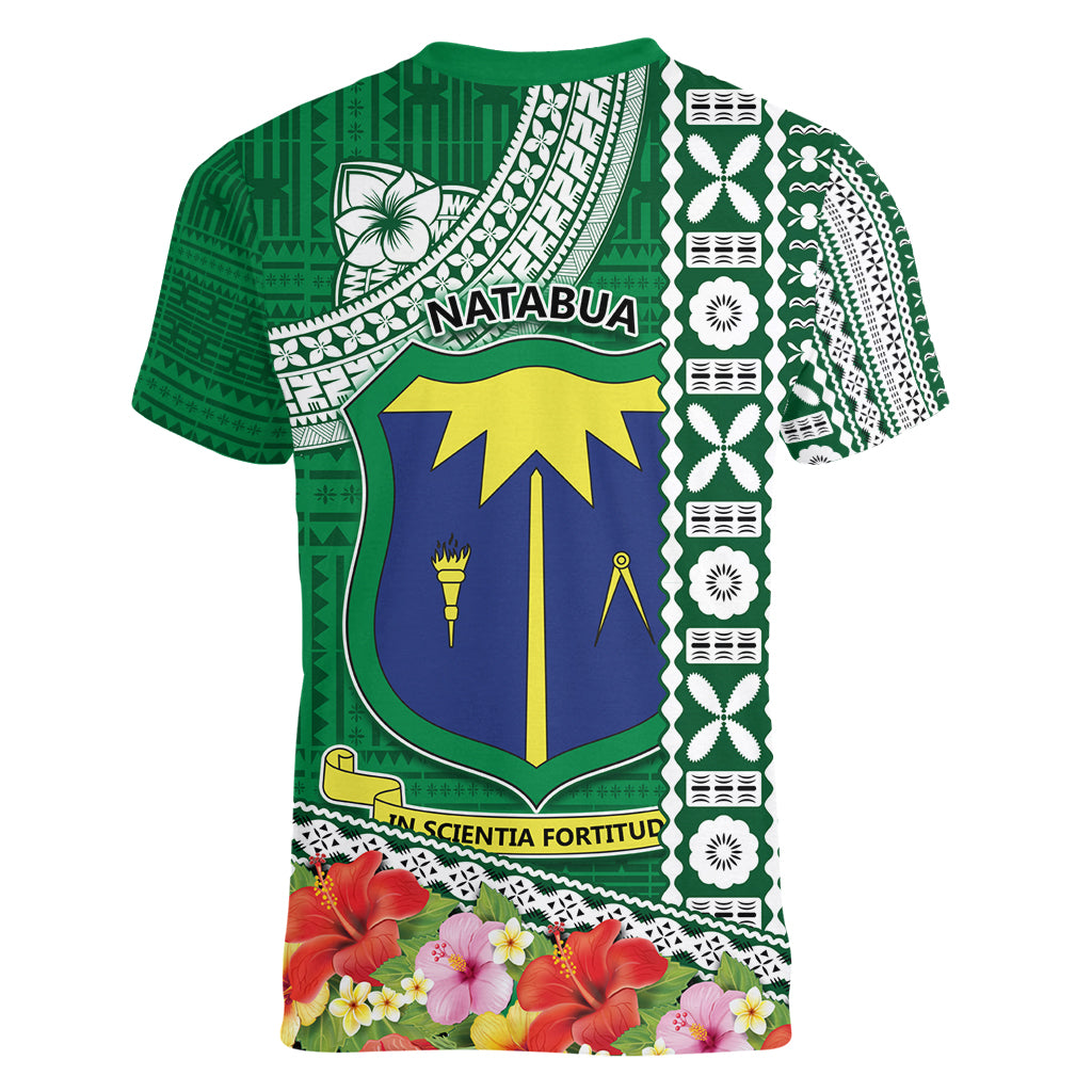 Fiji Natabua High School Women V Neck T Shirt Tropical Flower and Tapa Pattern Green Style LT03 - Polynesian Pride