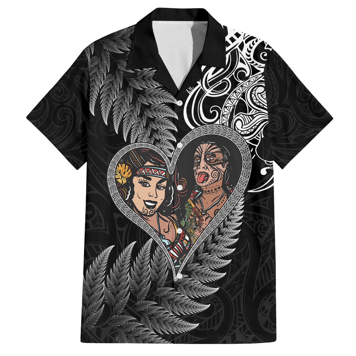 New Zealand Valentine Day Family Matching Long Sleeve Bodycon Dress and Hawaiian Shirt Aotearoa Warrior and Woman Love Heart Silver Fern Koru LT03 Dad's Shirt - Short Sleeve Black - Polynesian Pride