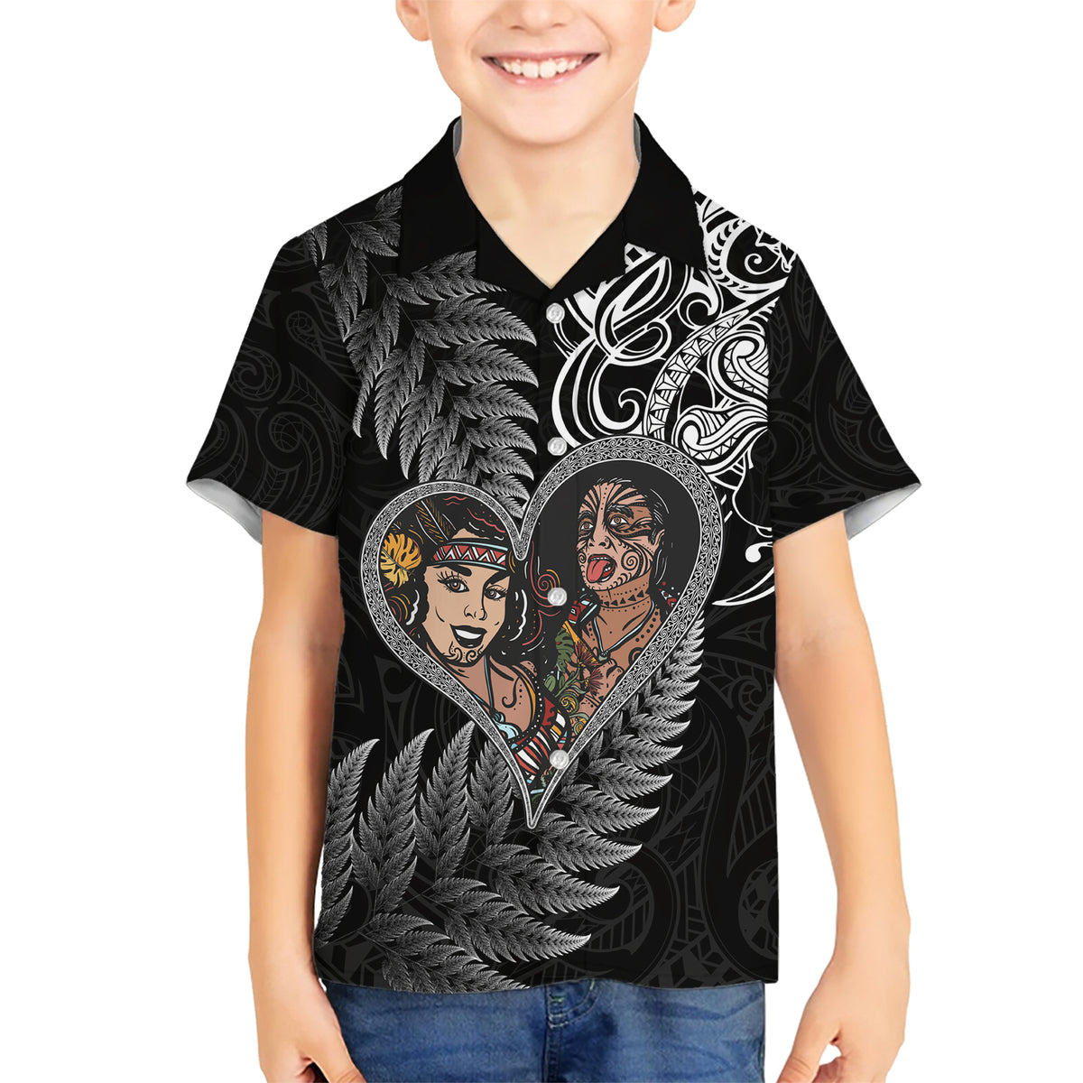 New Zealand Valentine Day Family Matching Short Sleeve Bodycon Dress and Hawaiian Shirt Aotearoa Warrior and Woman Love Heart Silver Fern Koru LT03 Son's Shirt Black - Polynesian Pride