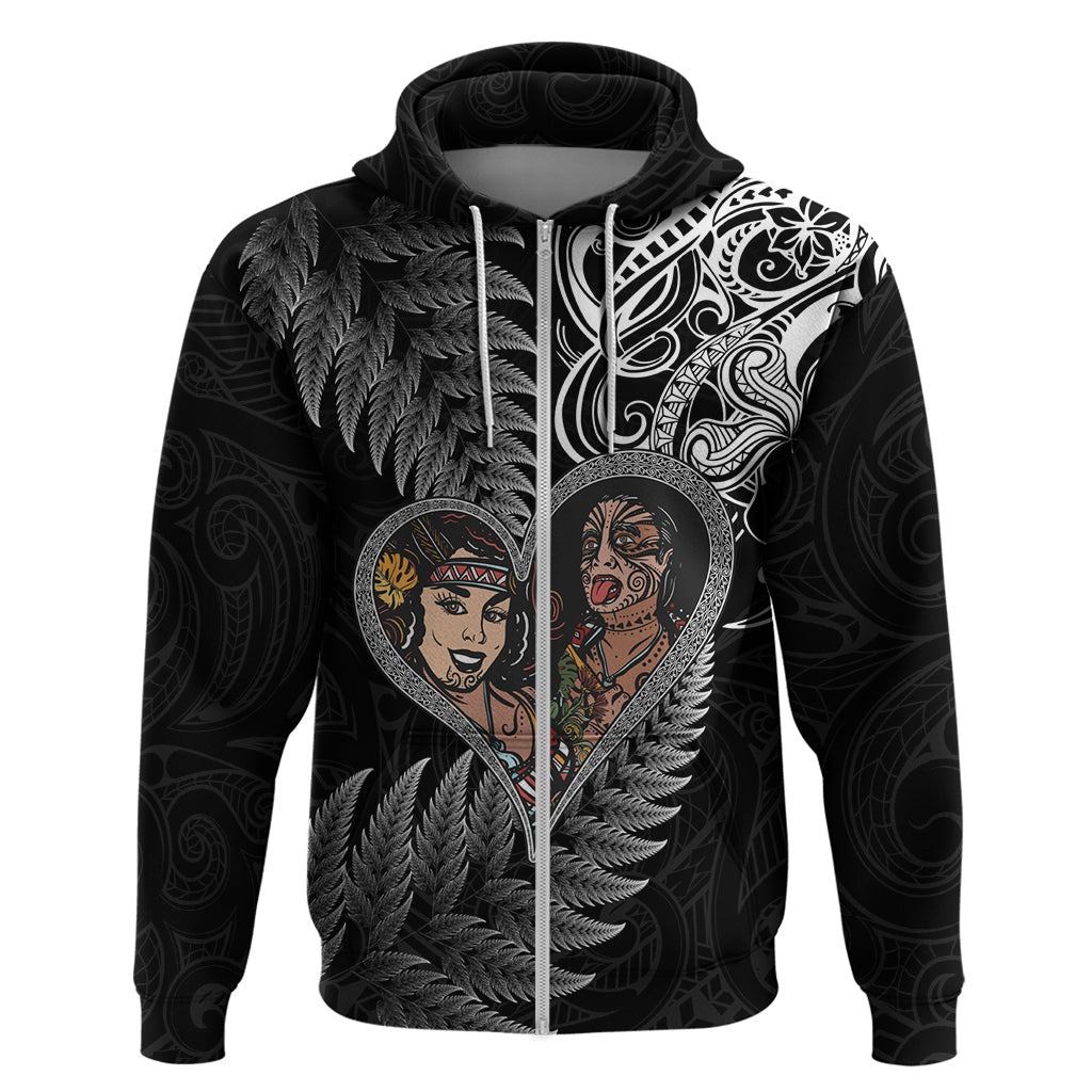 New Zealand Valentine Day Hoodie Aotearoa Warrior and Woman Love Heart Silver Fern Koru LT03 Zip Hoodie Black - Polynesian Pride