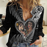 New Zealand Valentine Day Women Casual Shirt Aotearoa Warrior and Woman Love Heart Silver Fern Koru LT03 Female Black - Polynesian Pride
