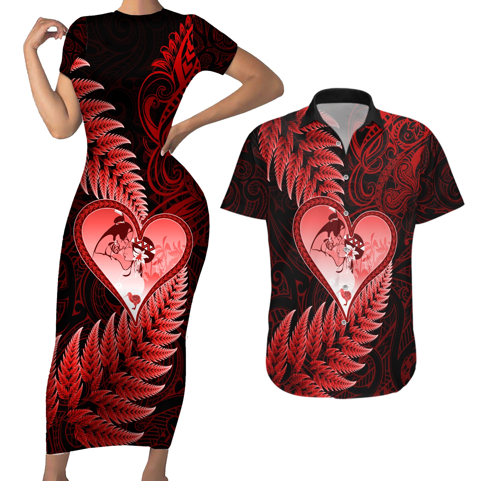 New Zealand Valentine Day Couples Matching Short Sleeve Bodycon Dress and Hawaiian Shirt Aotearoa Warrior and Woman Love Story Silver Fern Koru Red Style LT03 Red - Polynesian Pride