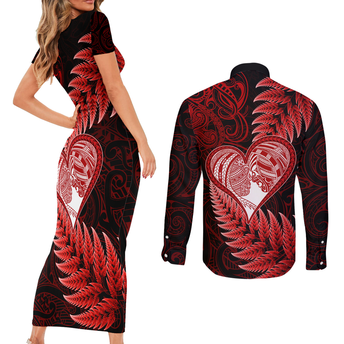 New Zealand Valentine Day Couples Matching Short Sleeve Bodycon Dress and Long Sleeve Button Shirt Aotearoa Warrior and Woman Love Story Silver Fern Koru Red Style LT03 - Polynesian Pride