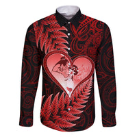 New Zealand Valentine Day Family Matching Long Sleeve Bodycon Dress and Hawaiian Shirt Aotearoa Warrior and Woman Love Story Silver Fern Koru Red Style LT03 Dad's Shirt - Long Sleeve Red - Polynesian Pride