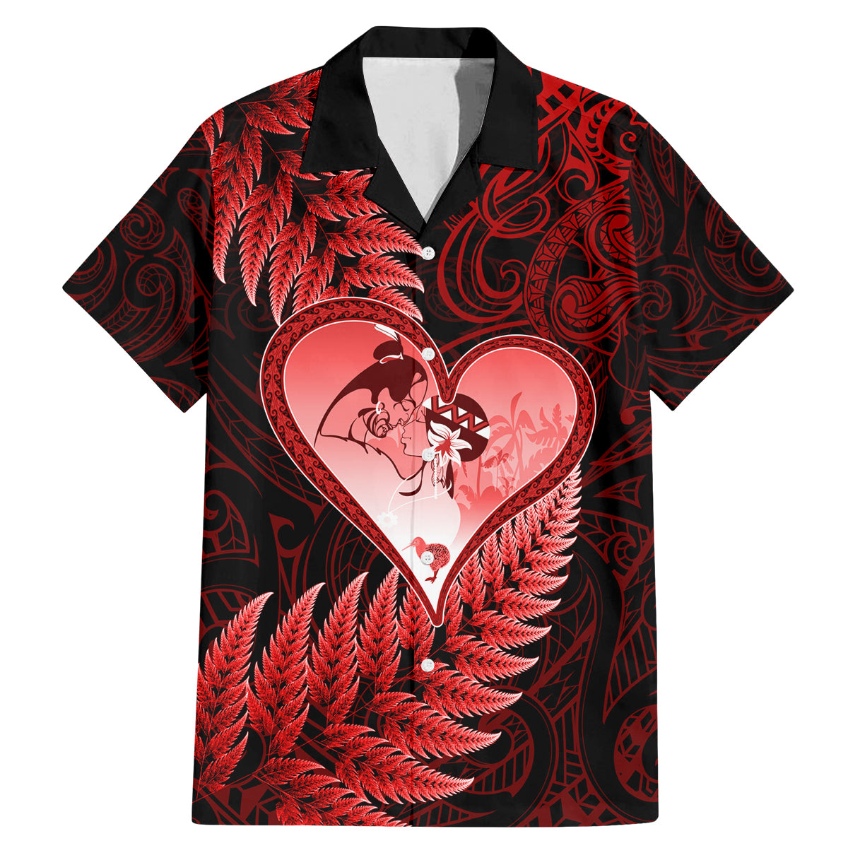 New Zealand Valentine Day Family Matching Mermaid Dress and Hawaiian Shirt Aotearoa Warrior and Woman Love Story Silver Fern Koru Red Style LT03 Dad's Shirt - Short Sleeve Red - Polynesian Pride