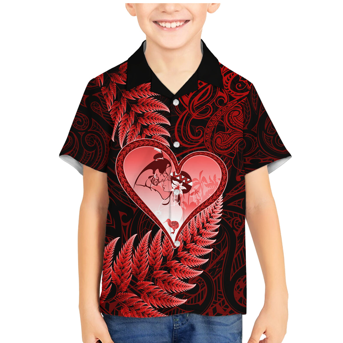 New Zealand Valentine Day Family Matching Mermaid Dress and Hawaiian Shirt Aotearoa Warrior and Woman Love Story Silver Fern Koru Red Style LT03 Son's Shirt Red - Polynesian Pride