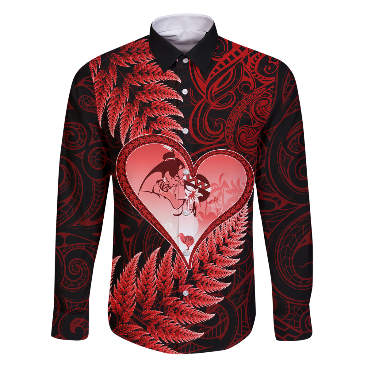 New Zealand Valentine Day Family Matching Puletasi and Hawaiian Shirt Aotearoa Warrior and Woman Love Story Silver Fern Koru Red Style LT03 Dad's Shirt - Long Sleeve Red - Polynesian Pride