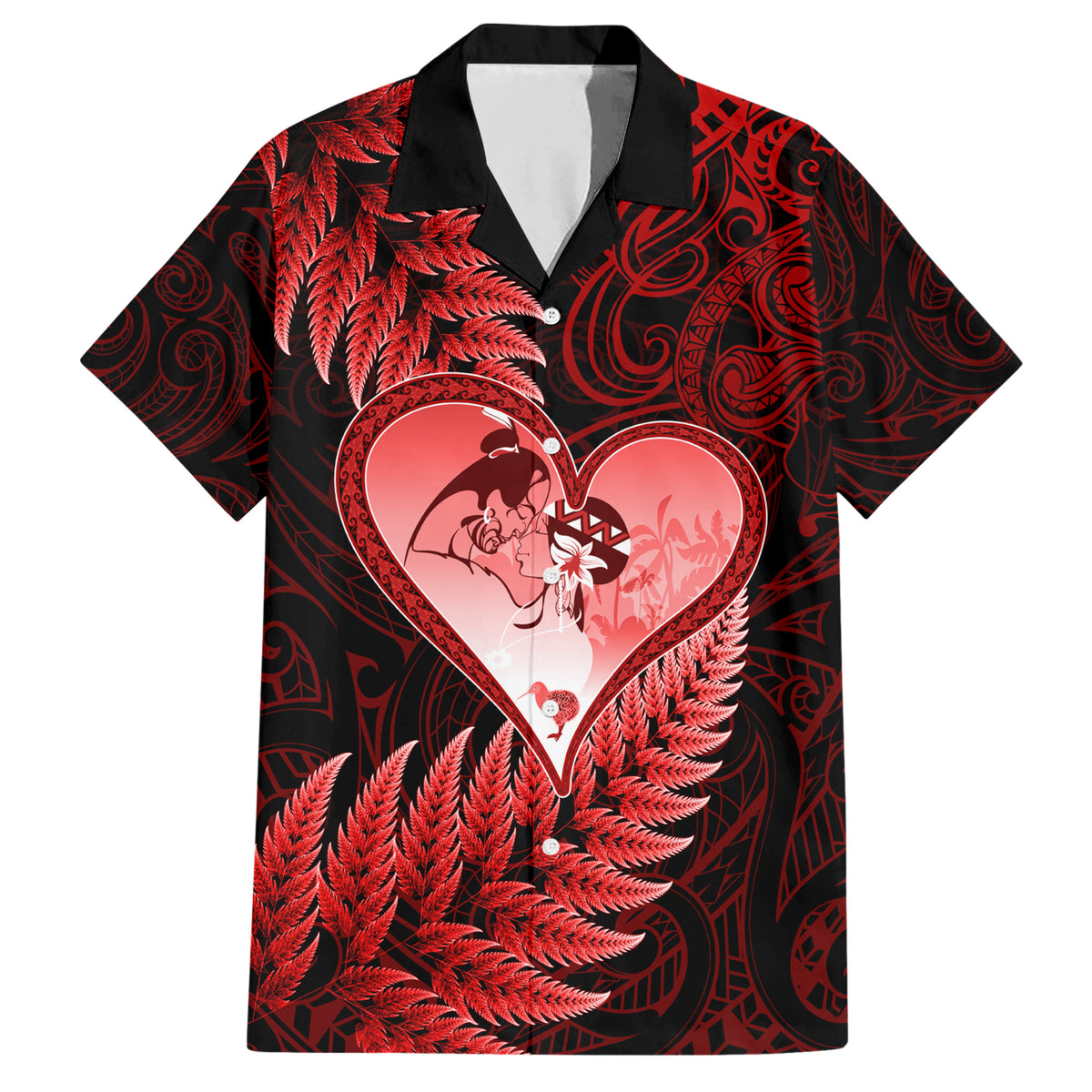 New Zealand Valentine Day Family Matching Short Sleeve Bodycon Dress and Hawaiian Shirt Aotearoa Warrior and Woman Love Story Silver Fern Koru Red Style LT03 Dad's Shirt - Short Sleeve Red - Polynesian Pride