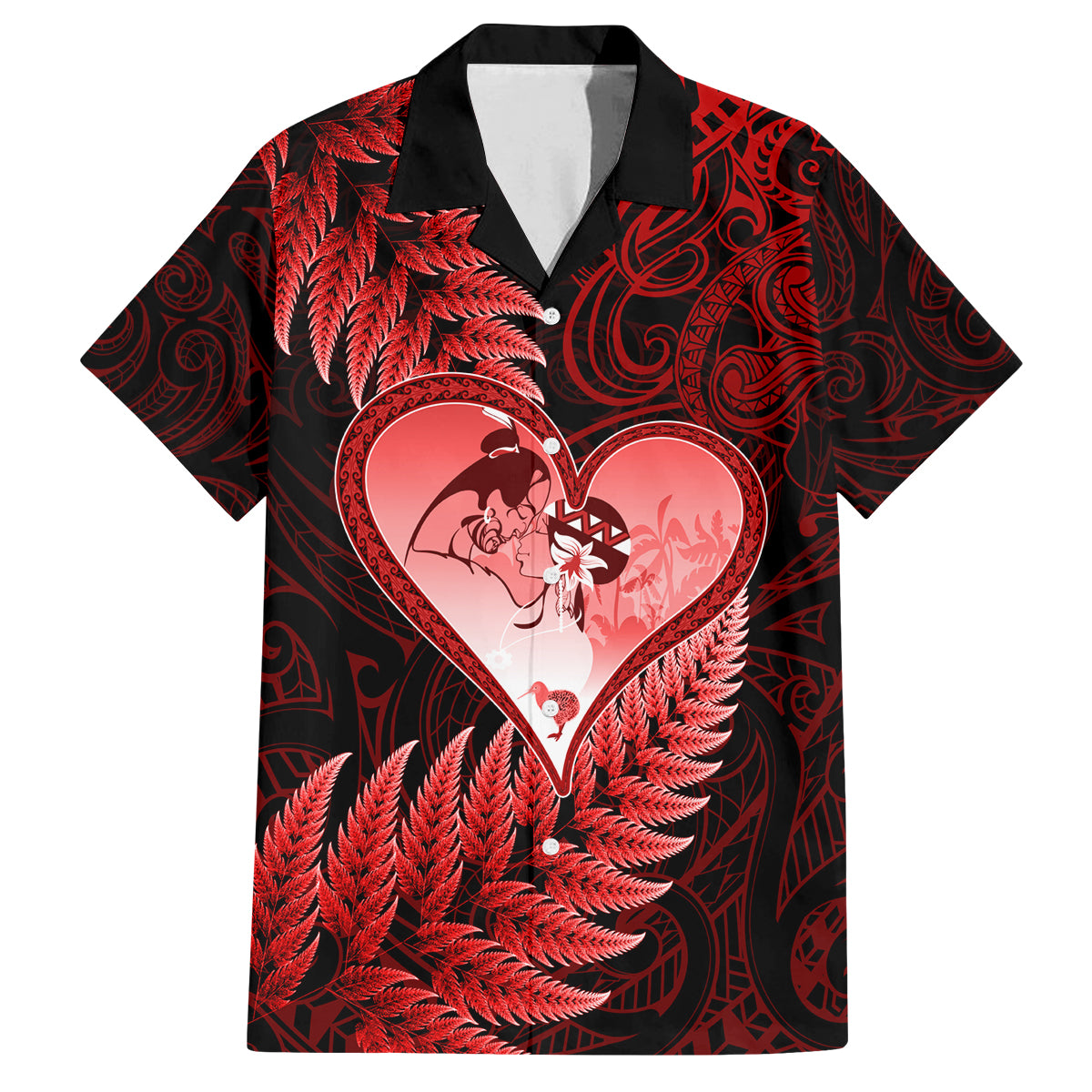 New Zealand Valentine Day Family Matching Summer Maxi Dress and Hawaiian Shirt Aotearoa Warrior and Woman Love Story Silver Fern Koru Red Style LT03 Dad's Shirt - Short Sleeve Red - Polynesian Pride