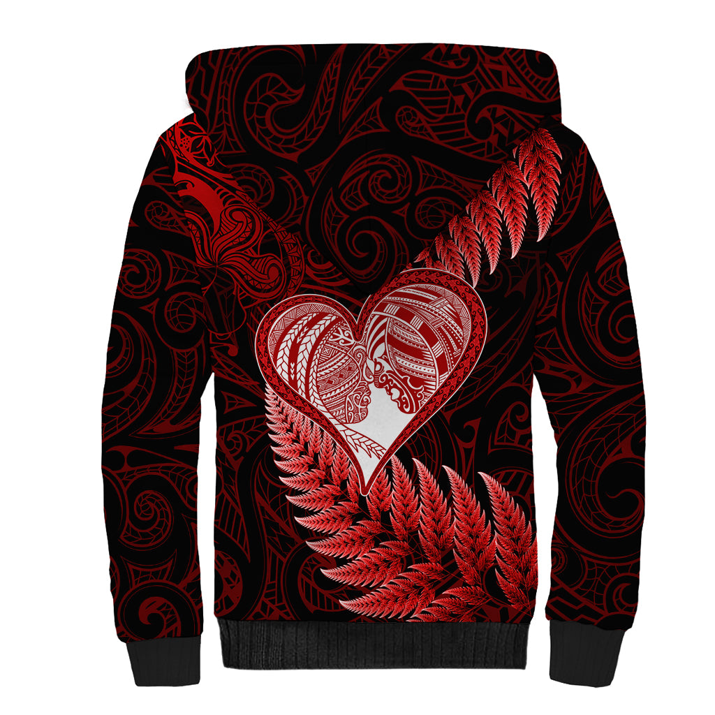 New Zealand Valentine Day Sherpa Hoodie Aotearoa Warrior and Woman Love Story Silver Fern Koru Red Style LT03 - Polynesian Pride
