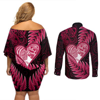 New Zealand Valentine Day Couples Matching Off Shoulder Short Dress and Long Sleeve Button Shirt Aotearoa Warrior Love Story Silver Fern Koru Pink Style LT03 - Polynesian Pride