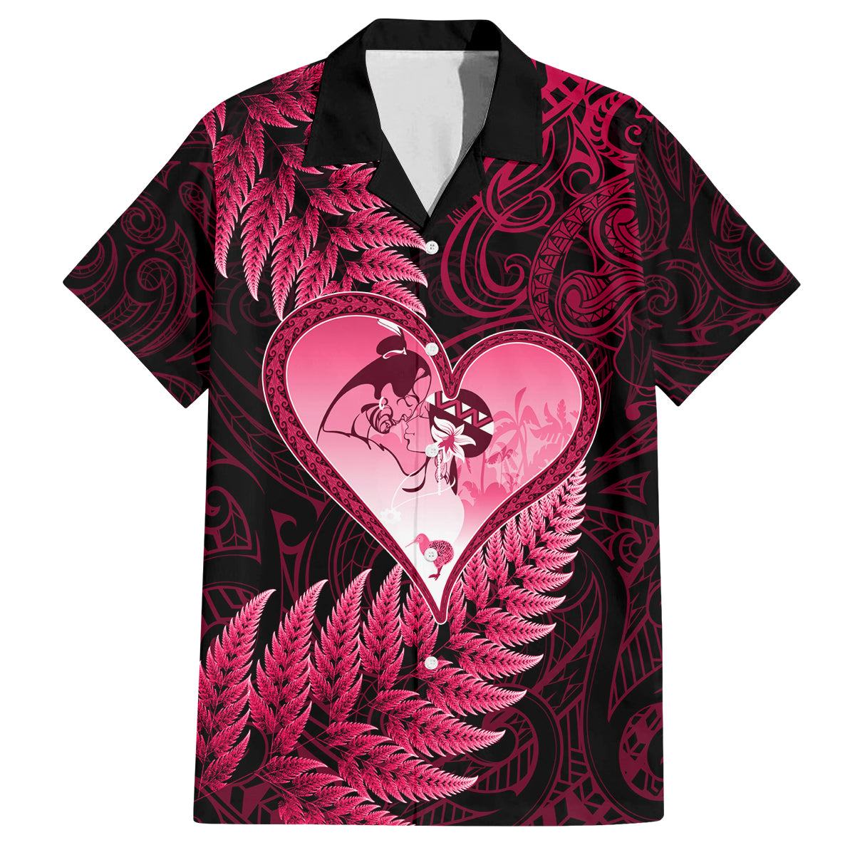 New Zealand Valentine Day Family Matching Tank Maxi Dress and Hawaiian Shirt Aotearoa Warrior Love Story Silver Fern Koru Pink Style LT03 Dad's Shirt - Short Sleeve Pink - Polynesian Pride