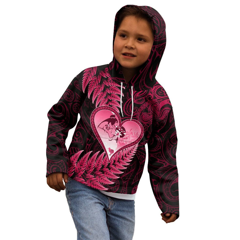 New Zealand Valentine Day Kid Hoodie Aotearoa Warrior Love Story Silver Fern Koru Pink Style LT03 - Polynesian Pride