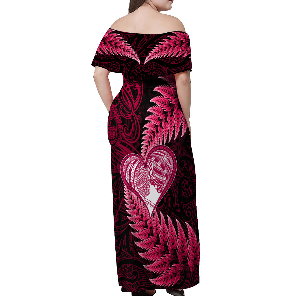 New Zealand Valentine Day Off Shoulder Maxi Dress Aotearoa Warrior Love Story Silver Fern Koru Pink Style LT03 - Polynesian Pride