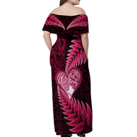 New Zealand Valentine Day Off Shoulder Maxi Dress Aotearoa Warrior Love Story Silver Fern Koru Pink Style LT03 - Polynesian Pride