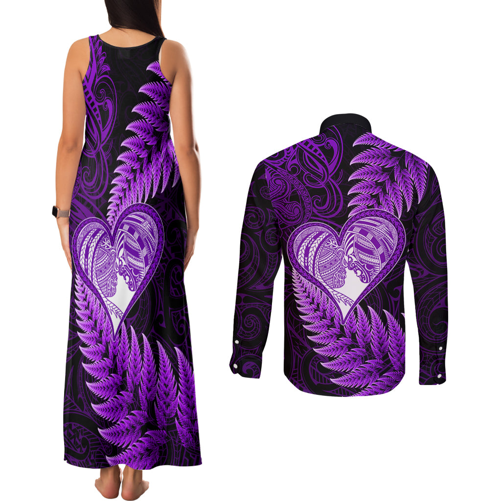 New Zealand Valentine Day Couples Matching Tank Maxi Dress and Long Sleeve Button Shirt Aotearoa Warrior Love Story Silver Fern Koru Purple Style LT03 - Polynesian Pride