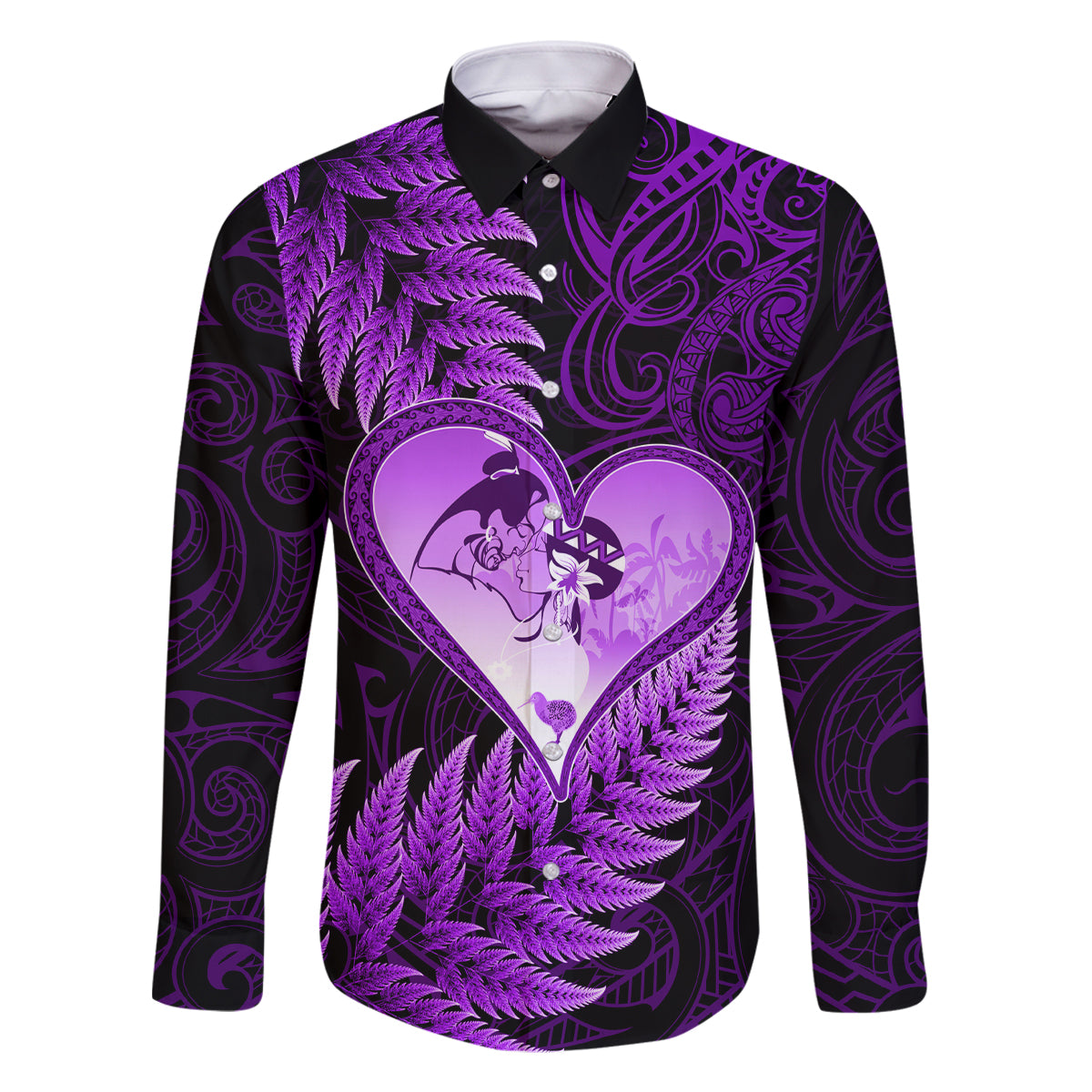 New Zealand Valentine Day Family Matching Mermaid Dress and Hawaiian Shirt Aotearoa Warrior Love Story Silver Fern Koru Purple Style LT03 Dad's Shirt - Long Sleeve Purple - Polynesian Pride