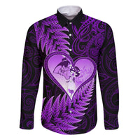 New Zealand Valentine Day Family Matching Tank Maxi Dress and Hawaiian Shirt Aotearoa Warrior Love Story Silver Fern Koru Purple Style LT03 Dad's Shirt - Long Sleeve Purple - Polynesian Pride