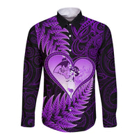New Zealand Valentine Day Long Sleeve Button Shirt Aotearoa Warrior Love Story Silver Fern Koru Purple Style LT03 Unisex Purple - Polynesian Pride