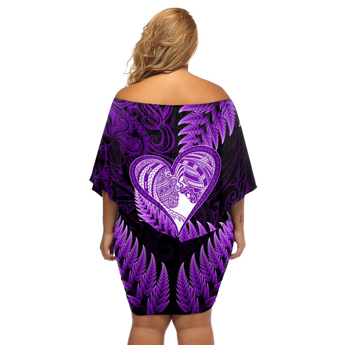 New Zealand Valentine Day Off Shoulder Short Dress Aotearoa Warrior Love Story Silver Fern Koru Purple Style LT03 - Polynesian Pride