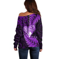 New Zealand Valentine Day Off Shoulder Sweater Aotearoa Warrior Love Story Silver Fern Koru Purple Style LT03 - Polynesian Pride