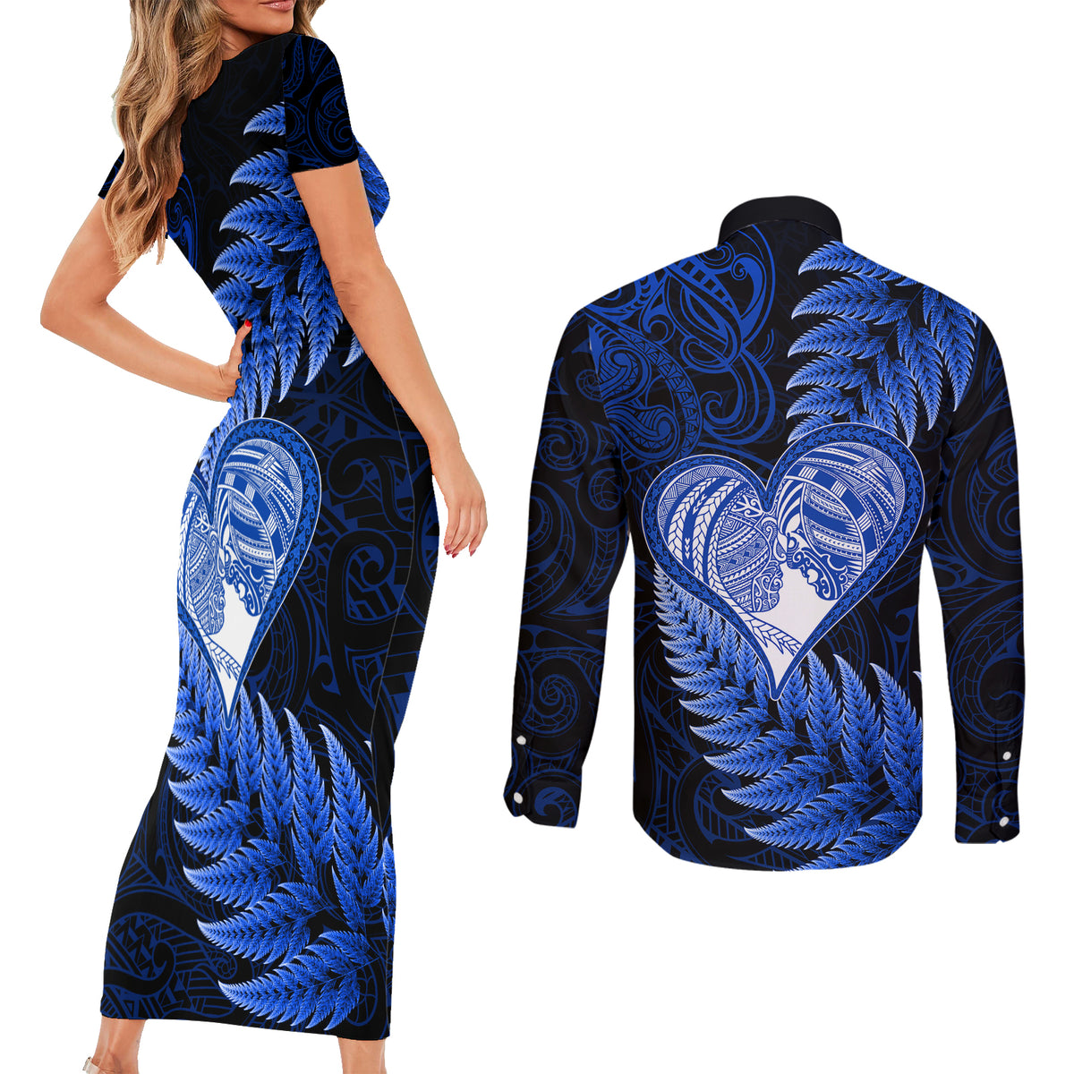 New Zealand Valentine Day Couples Matching Short Sleeve Bodycon Dress and Long Sleeve Button Shirt Aotearoa Warrior Love Story Silver Fern Koru Blue Style LT03 - Polynesian Pride