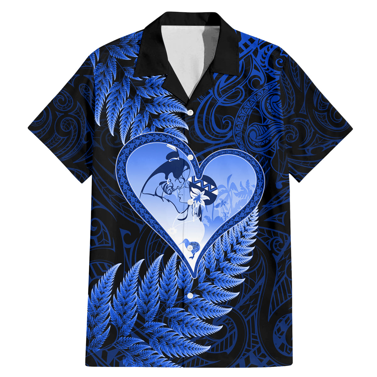 New Zealand Valentine Day Family Matching Mermaid Dress and Hawaiian Shirt Aotearoa Warrior Love Story Silver Fern Koru Blue Style LT03 Dad's Shirt - Short Sleeve Blue - Polynesian Pride
