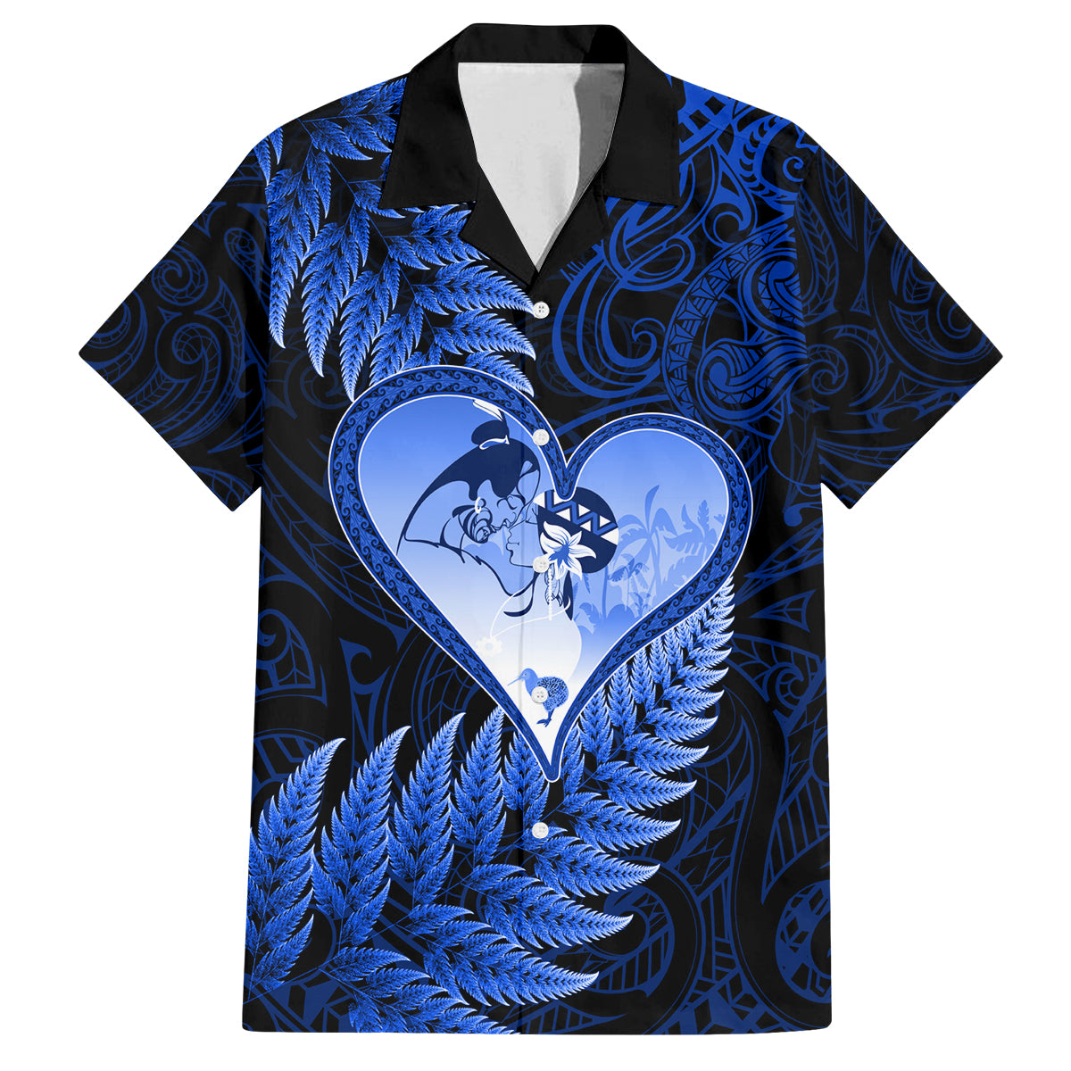 New Zealand Valentine Day Family Matching Off Shoulder Short Dress and Hawaiian Shirt Aotearoa Warrior Love Story Silver Fern Koru Blue Style LT03 Dad's Shirt - Short Sleeve Blue - Polynesian Pride