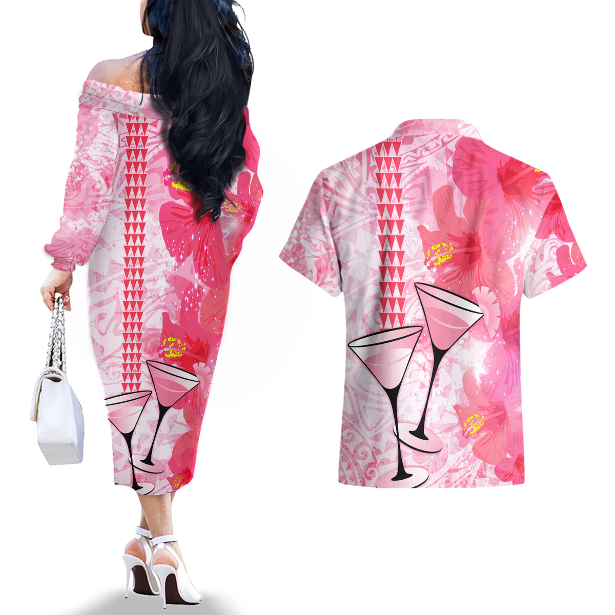 Hawaiian Cocktail Valentine Day Couples Matching Off The Shoulder Long Sleeve Dress and Hawaiian Shirt Hibiscus Kakau Pattern Pink Version LT03 - Polynesian Pride