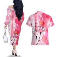 Hawaiian Cocktail Valentine Day Couples Matching Off The Shoulder Long Sleeve Dress and Hawaiian Shirt Hibiscus Kakau Pattern Pink Version LT03 - Polynesian Pride