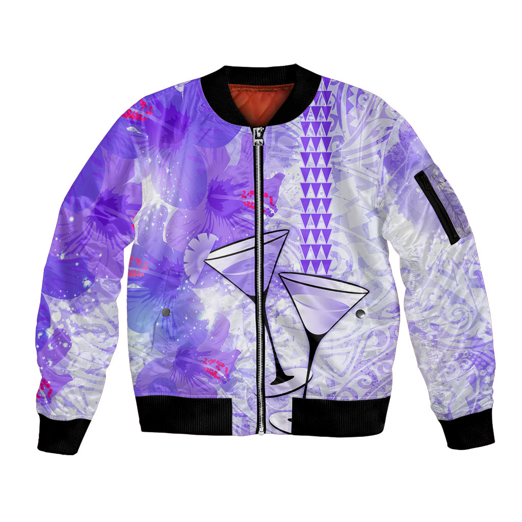 Hawaiian Cocktail Valentine Day Sleeve Zip Bomber Jacket Hibiscus Kakau Pattern Purple Version LT03 Unisex Purple - Polynesian Pride