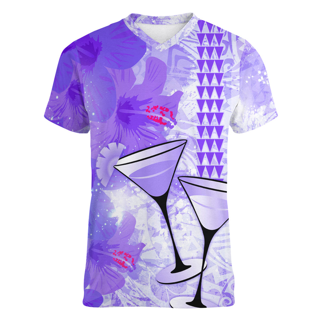 Hawaiian Cocktail Valentine Day Women V Neck T Shirt Hibiscus Kakau Pattern Purple Version LT03 Female Purple - Polynesian Pride