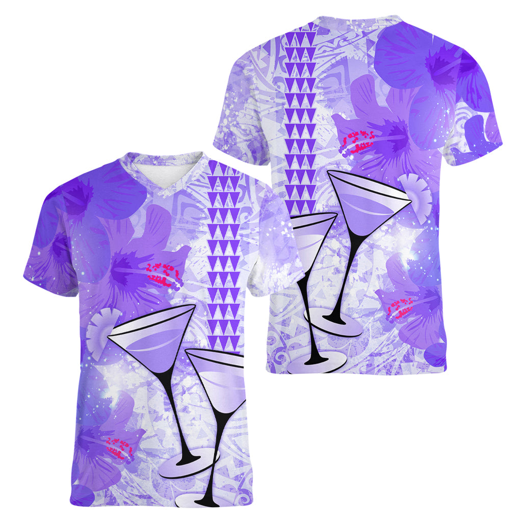 Hawaiian Cocktail Valentine Day Women V Neck T Shirt Hibiscus Kakau Pattern Purple Version LT03 - Polynesian Pride