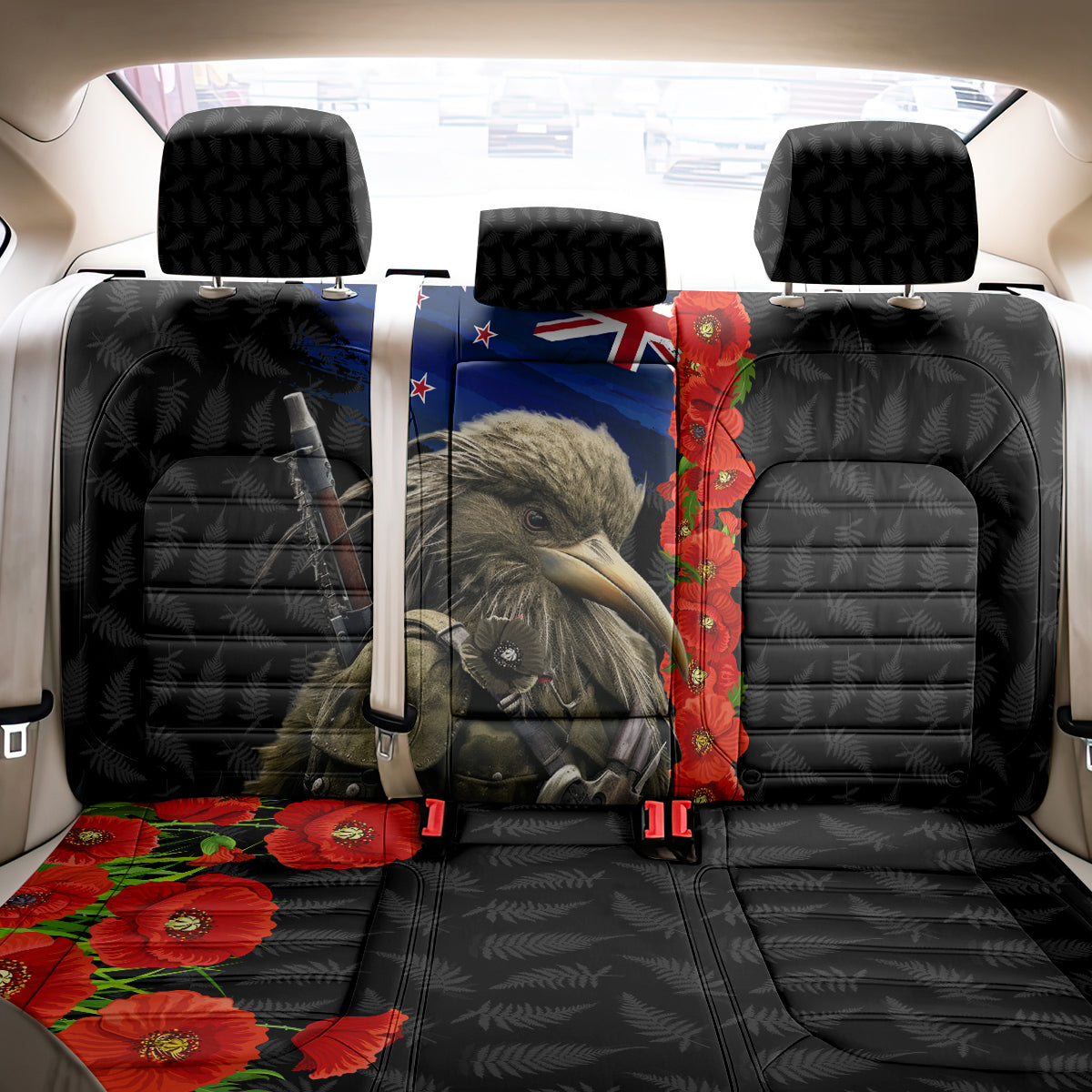 New Zealand Kiwi Soldier ANZAC Back Car Seat Cover Red Poppy Flower and Silver Fern Pattern LT03