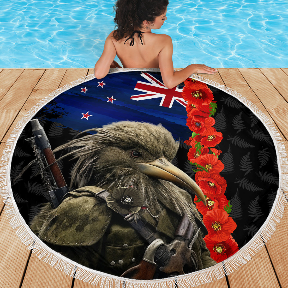 New Zealand Kiwi Soldier ANZAC Beach Blanket Red Poppy Flower and Silver Fern Pattern LT03 - Polynesian Pride