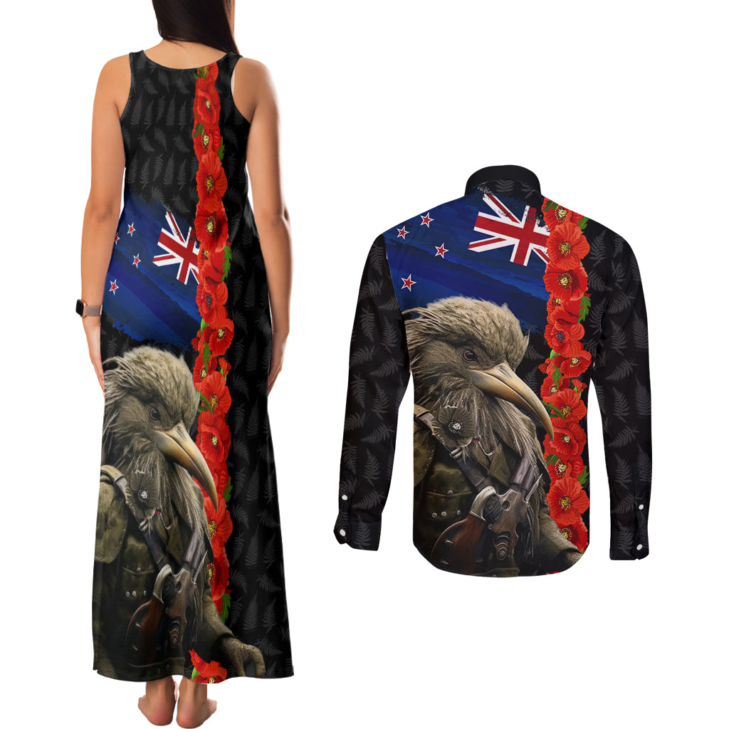 New Zealand Kiwi Soldier ANZAC Couples Matching Tank Maxi Dress and Long Sleeve Button Shirt Red Poppy Flower and Silver Fern Pattern LT03 - Polynesian Pride