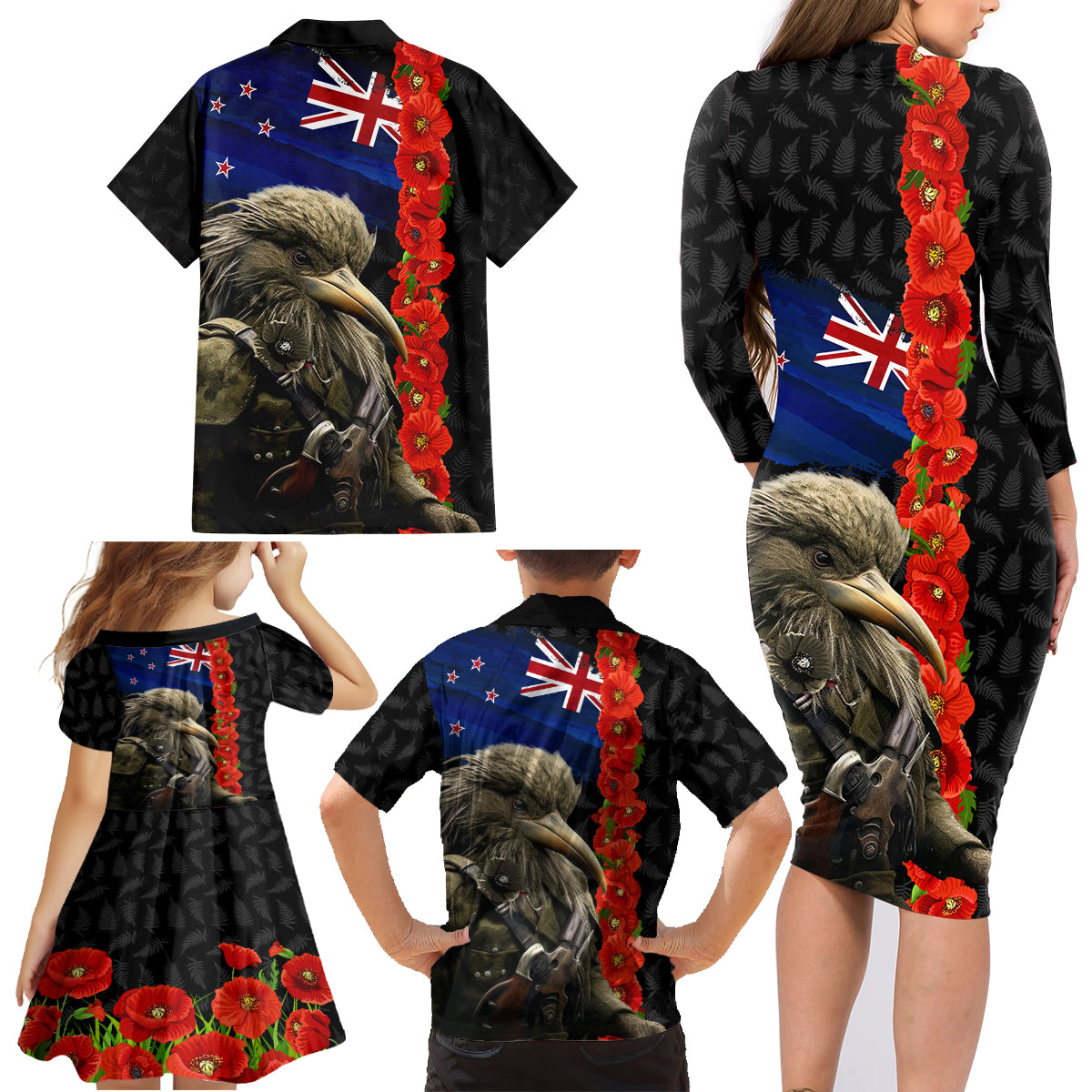 New Zealand Kiwi Soldier ANZAC Family Matching Long Sleeve Bodycon Dress and Hawaiian Shirt Red Poppy Flower and Silver Fern Pattern LT03 - Polynesian Pride